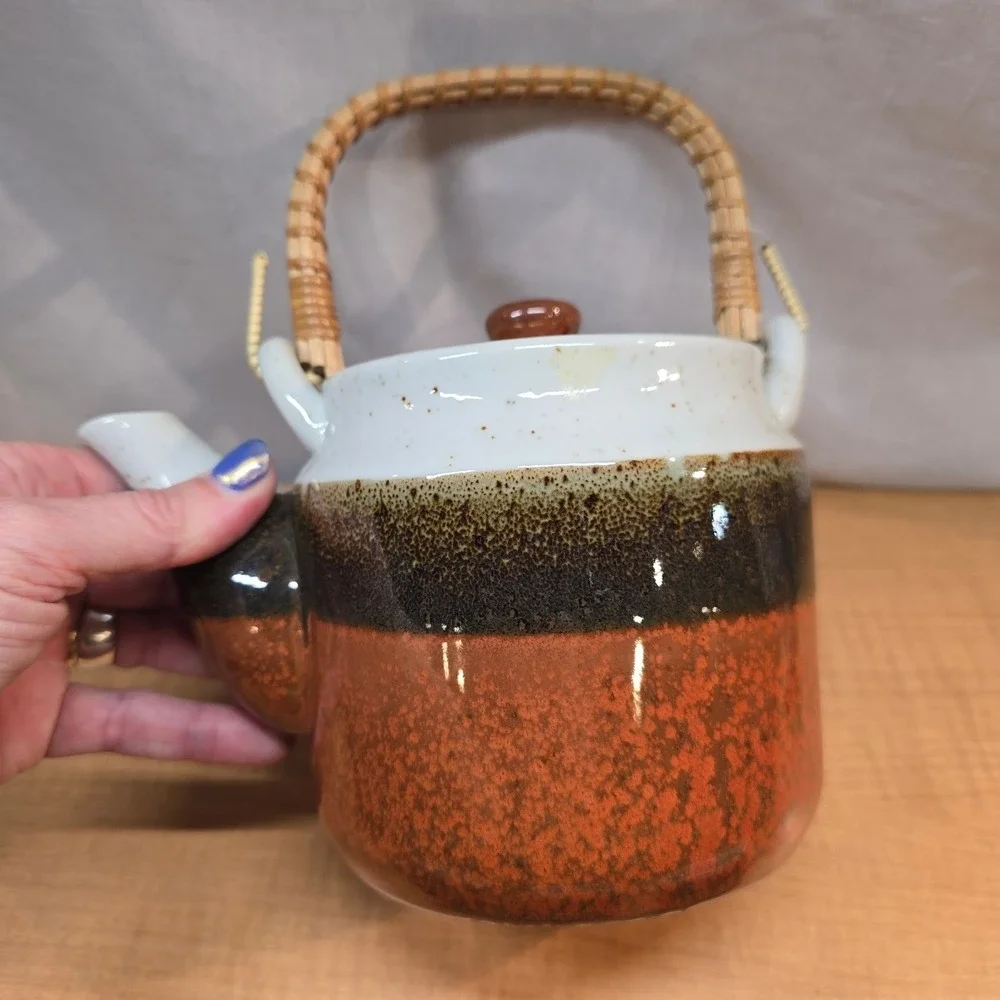 Sake Set Teapot, 3 mugs. Ceramic‎ with wicker handle Earthenware Browns Glaze